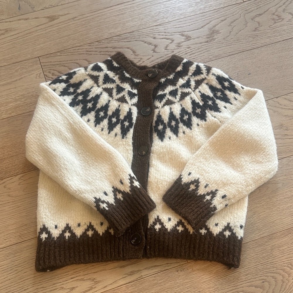 Zara Cream and Brown Nordic Wool-Blend Cardigan - Fits like adult XS